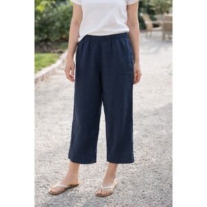 J Jill Love Linen Pants Womens Small Blue Wide Leg Crop Elastic Waist